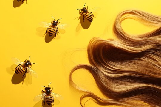 Radiant Spiraling Hair Shapes and Floating Bee Icons on Sunny Yellow Background