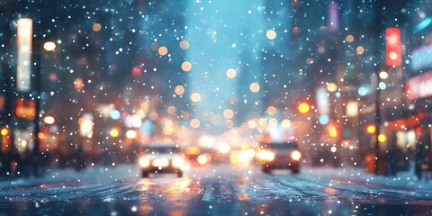 Fototapeta premium Soft blurred warm lights scattered across snowy streets in a cozy winter cityscape, evoking tranquil and festive vibes, style book illustration