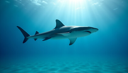Fototapeta premium Shark swimming gracefully, powerful and serene, in deep blue ocean water, copy space