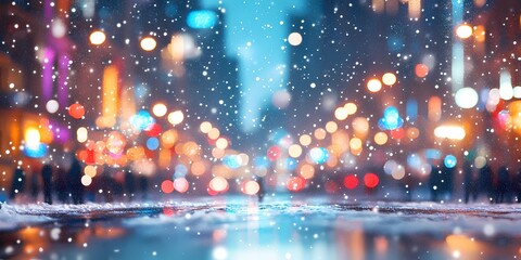 Naklejka premium Soft blurred warm lights scattered across snowy streets in a cozy winter cityscape, evoking tranquil and festive vibes, style book illustration