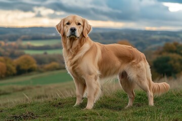 A cream-colored golden retriever standing on the grassy hills of England, looking at the camera, with green rolling hills in the background, a beautiful sky, and golden hour lighting Generative AI