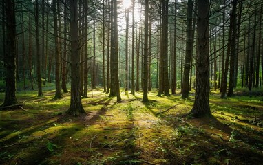 Tall pine trees in a dense forest with sunlight gently filtering through the branches