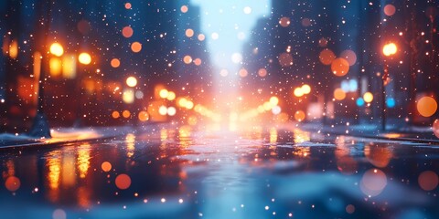 Fototapeta premium Soft blurred warm lights scattered across snowy streets in a cozy winter cityscape, evoking tranquil and festive vibes, style book illustration