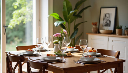 Elegant dining table set with food and drinks against a bright interior