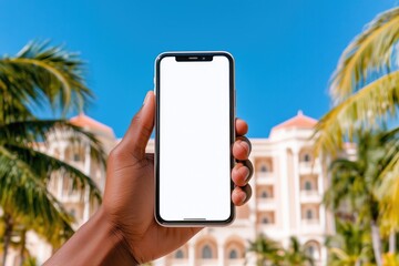 African male hand holding smartphone with blank screen against tropical background