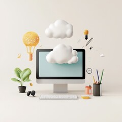 Creative workspace setup with computer, colorful stationery, plants, and abstract floating elements to inspire productivity and innovation in the office environment