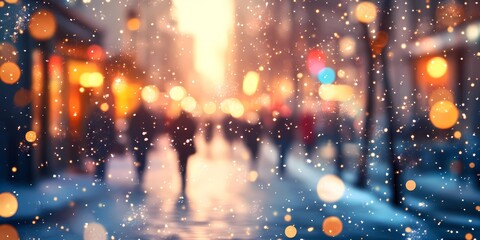 Naklejka premium Abstract blurred winter cityscape with softly glowing festive lights on snow-covered streets, creating a peaceful holiday atmosphere, style book illustration