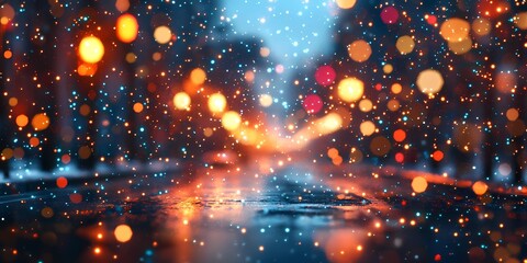 Abstract blurred winter cityscape with softly glowing festive lights on snow-covered streets, creating a peaceful holiday atmosphere, style book illustration