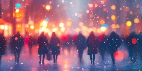 Abstract blurred winter cityscape with softly glowing festive lights on snow-covered streets, creating a peaceful holiday atmosphere, style book illustration