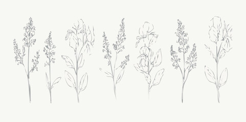 Set of hand drawn flowers, branches and leaves in line art style. Collection of sketches of botanical elements. Vector illustration for tattoo, wedding invitation, wallpaper, save the date card.