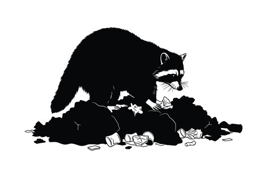 black raccoon rummaging trash, monochrome clip art preview