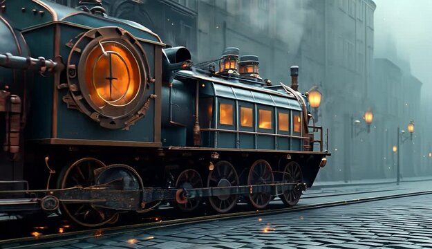 A steam train with a large window on the front