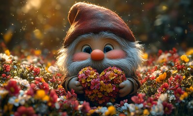 Toy Gnome Holding a Bouquet of Flowers

