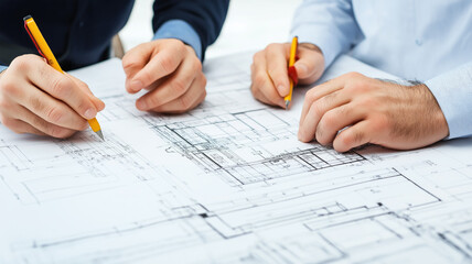 engineer and an architect reviewing blueprints and construction plans together at a bustling construction site