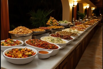 Fototapeta premium Diverse buffet spread with assorted international dishes at elegant dining setup