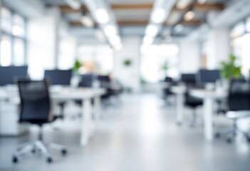 Blurred modern open plan office interior with desks, chairs, and plants. Bright workspace with large windows. Corporate environment concept for business, startup, or coworking space