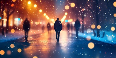 Obraz premium Abstract blurred winter cityscape with softly glowing festive lights on snow-covered streets, creating a peaceful holiday atmosphere, style book illustration