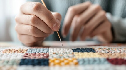 Naklejka premium Impressive Close-Up of Person Skillfully Stitching Colorful Fabric with Needle and Thread on a Handcrafted Textile Craft Project at Home