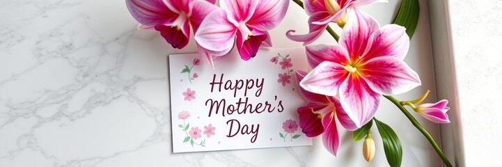 Happy Mother’s Day card with pink lilies and flowers in an elegant arrangement conveying warmth and affection on a marble surface