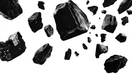 Falling rocks on white background. Black charcoal or coal on white background. Illustration for cover, card, postcard, interior design, decor or print.