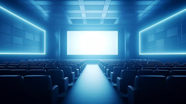Empty cinema screen ready for a movie premiere. Ideal for video intros, transitions, and background footage. Use in film trailers, video essays, and cinematic scenes