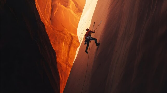 A photo of a climber rappelling down a canyon wall with dramatic lighting.