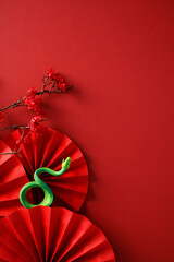 Chinese New Year 2025 concept. Flat lay red paper fans, cherry blossom branch, snake on red...