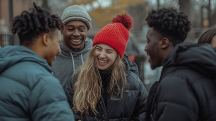 Fototapeta premium Group of friends enjoying a joyful moment outdoors in winter while laughing and connecting in a city park setting