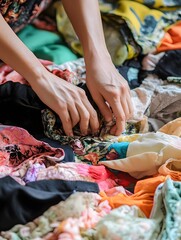 A photo of a close-up of hands sorting fabric scraps for upcycling.