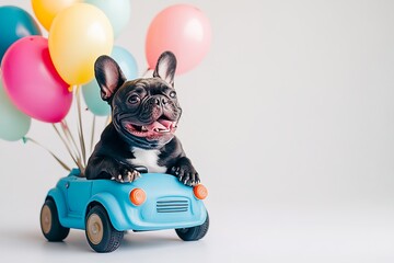 dog (French bulldog) driving a toy car with balloons , dog enjoys a a ride in his blue old car
