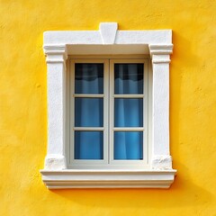 Fototapeta premium Colorful window on yellow wall with blue wooden shutters. Abstract background