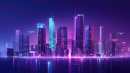 Naklejka premium Futuristic smart city with towering buildings, smart transportation and drones, autonomous driving, high green coverage, multifunctional public spaces, intelligent facilities.