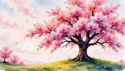 Obraz premium Blooming cherry blossom tree on a hill at sunset 