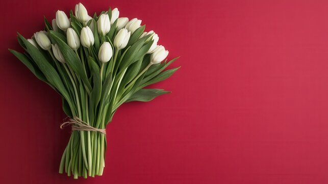 white tulips on red background. Romantic Valentine's Day banner design for business, beauty salons, flower shop, studios, gift certificates, flyers. Perfect for postcards, posters, social media