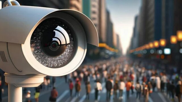 A high-tech security camera keeps a sharp eye on the activity of people on city street