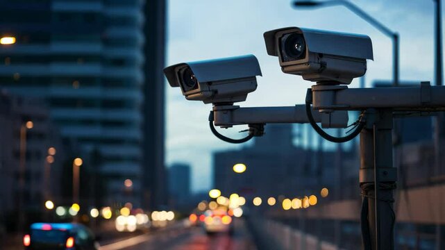 Close up of two surveillance cameras monitoring traffic on busy city street