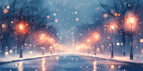 Fototapeta premium Blurred glowing city lights creating a serene snowy winter urban backdrop, evoking cozy seasonal charm, style book illustration