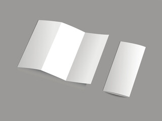 White brochure mockup. Vector white blank vertical four panel accordion fold opened on white background. Concertina fold, leaflet, brochure, booklet, flyer or invitation card mockup.