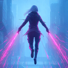 Anime style futuristic female warrior leaping with neon blades, dynamic action scene, glowing sci fi background, digital illustration with vibrant energy and bold pink accents