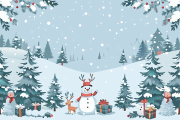 A snowman stands next to a Christmas tree with a cabin in the distance a festive winter wonderland w
