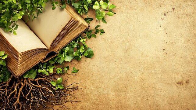   A book resting atop a stack of books with a tree sprouting from its cover
