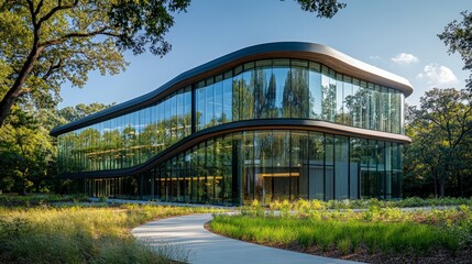 Fototapeta premium A sustainable glass office building surrounded by lush green trees, showcasing eco-friendly design and modern architecture for corporate spaces.