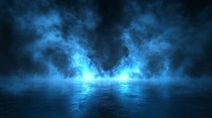 Abstract 3d concrete background with black fog, neon lights, and wet asphalt in urban street art style, blue and cool smoke effects on dark cement floor