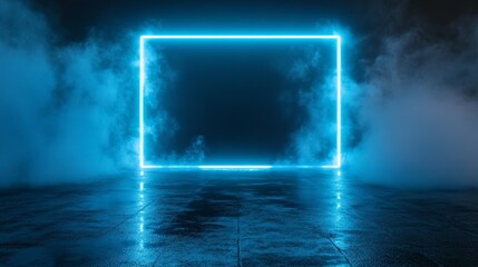 Abstract 3d concrete background with black fog, neon lights, and wet asphalt in urban street art style, blue and cool smoke effects on dark cement floor