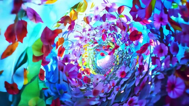 Vibrant floral spiral tunnel with colorful blossoms and petals in a whimsical kaleidoscope effect