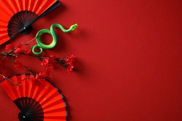 Chinese New Year 2025 concept. Oriental paper fans, cherry blossom branch and snake on red table.