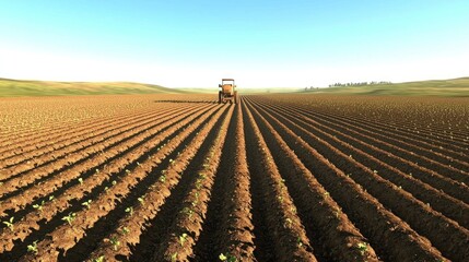 A tractor working in a freshly plowed agricultural field.