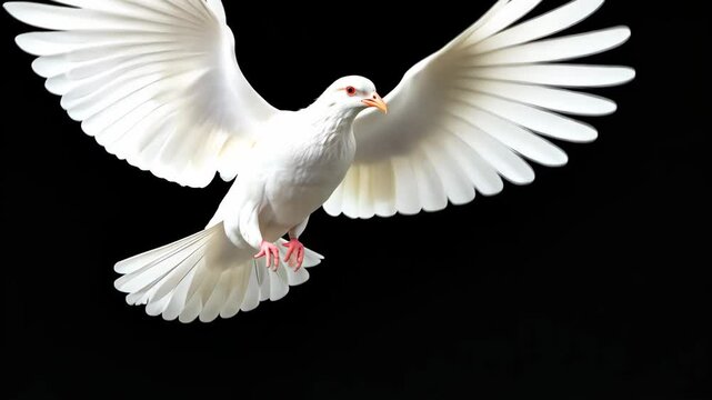 A white dove soaring with wings fully outspread, against a black background