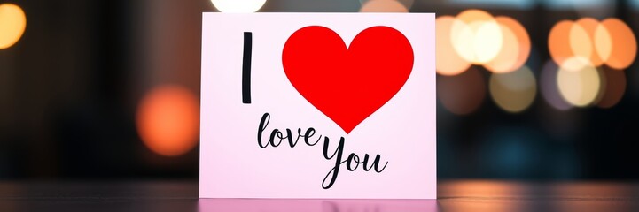 I love you greeting card expressing affection in a romantic setting with a blurred background of soft, festive lights