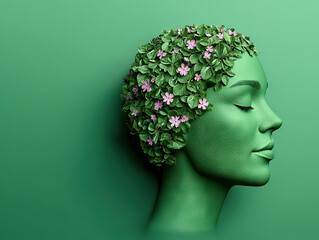 serene green head covered in leaves and pink flowers symbolizes nature, growth, and harmony